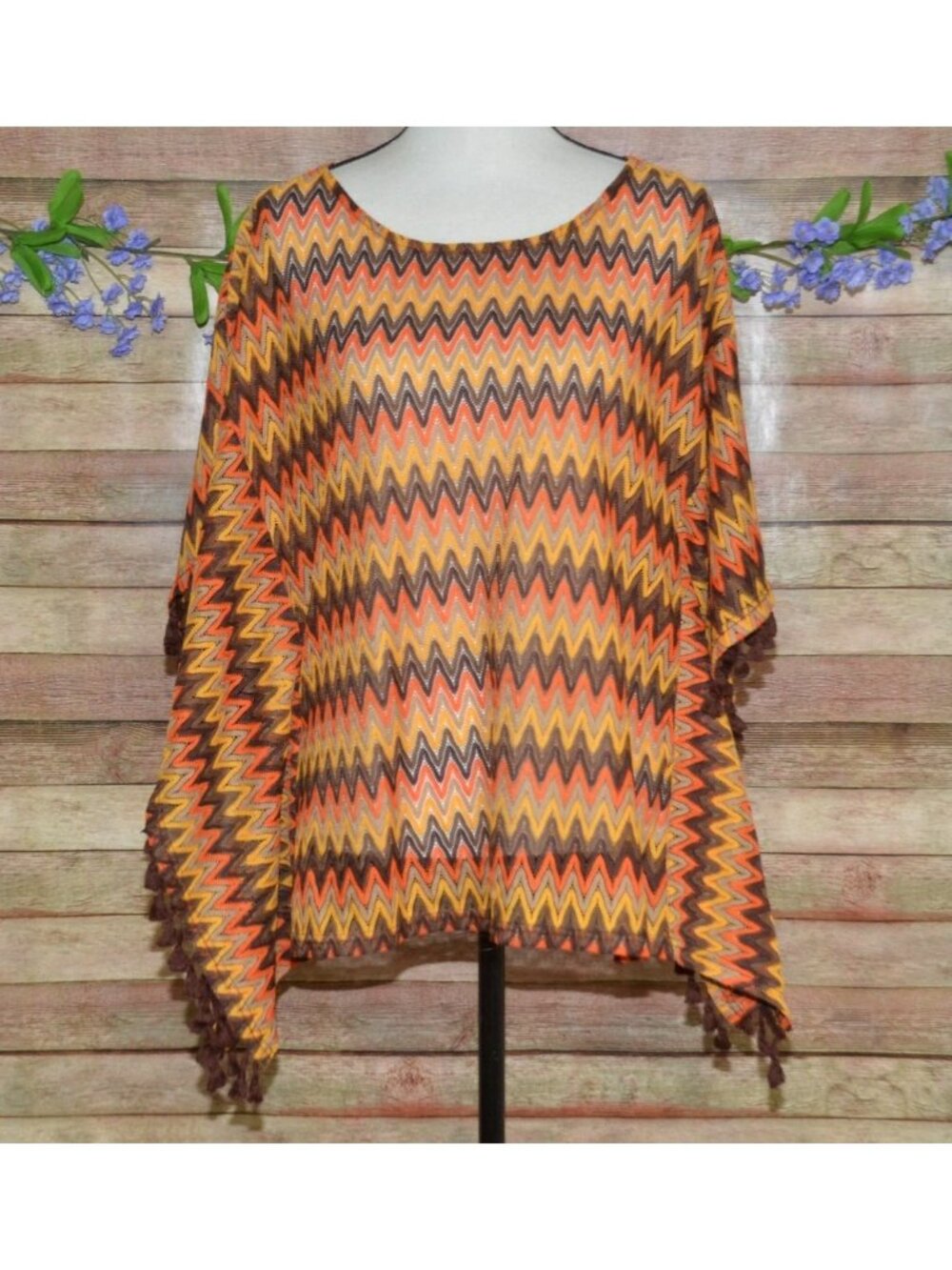 VTG ALL in Once Chevron Zig Zag Knit Poncho Orange Brown Multi Size L XL Boho